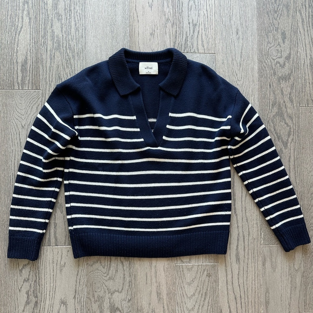 Aritzia Wilfred Navy and White Striped Collared V-Neck Clara Sweater